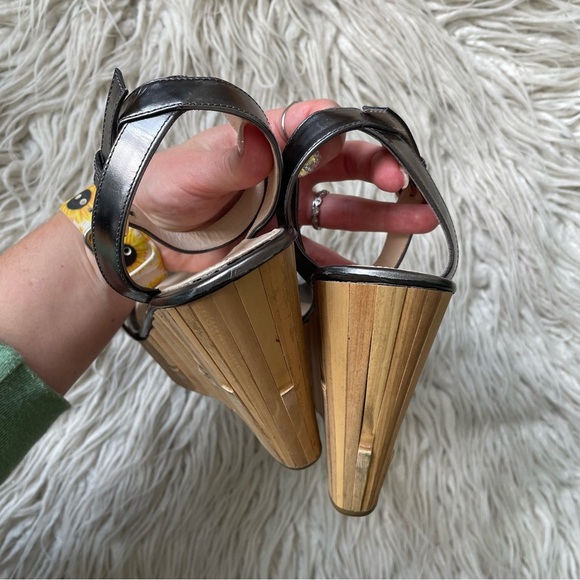 Prada Metallic Silver Pewter Patent Leather Bamboo Wedge Ankle Strap Sandals 39 - Picture 8 of 13